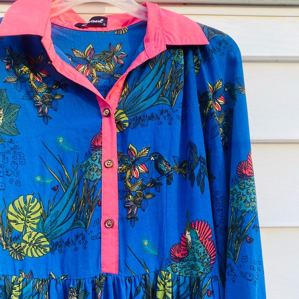 Vibrant Blue Floral Button-Up Dress